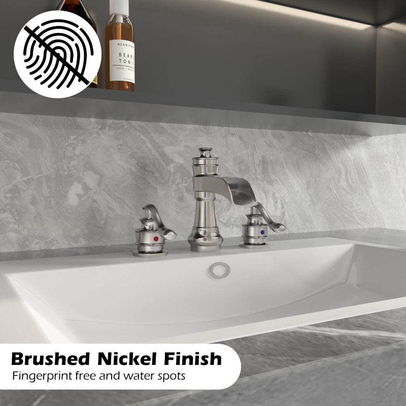 BWE 8 Inch Widespread Bathroom Faucet with Pop Up Drain with Overflow and Supply Line Waterfall 3 Holes Two-Handle Sink Faucets Brushed Nickel Lavatory Mixer Tap - Image 3